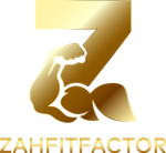 A gold logo for zahfitfactor with a muscular arm