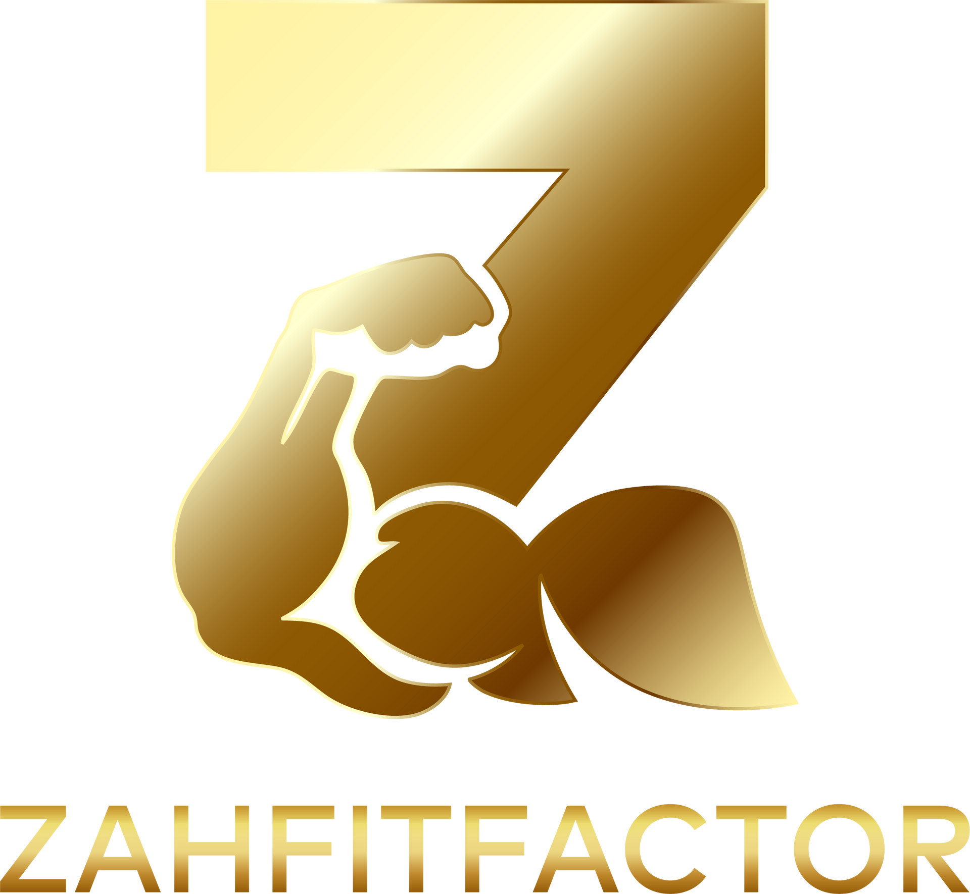 A gold logo for zahfitfactor with a muscular arm