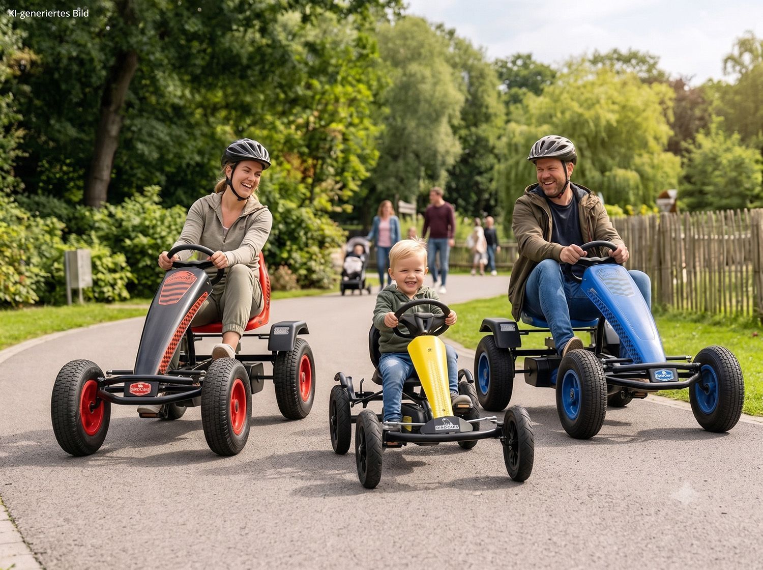 Drei Personen fahren auf Gokarts durch einen Park.