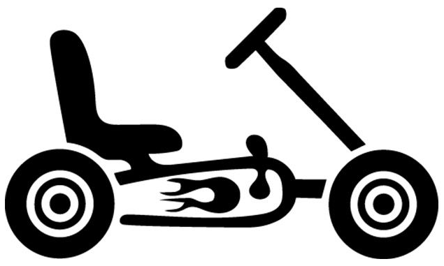 Schwarzes Go-Kart mit Sitz, Lenkrad und Flammendetail am Rahmen.
