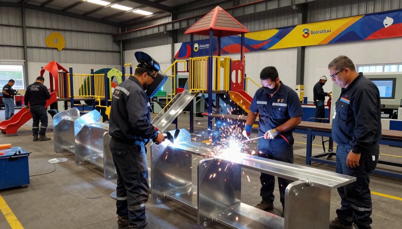 Soldadores en un taller producen chispas de metal, con espectadores de pie cerca y juegos infantiles al fondo.