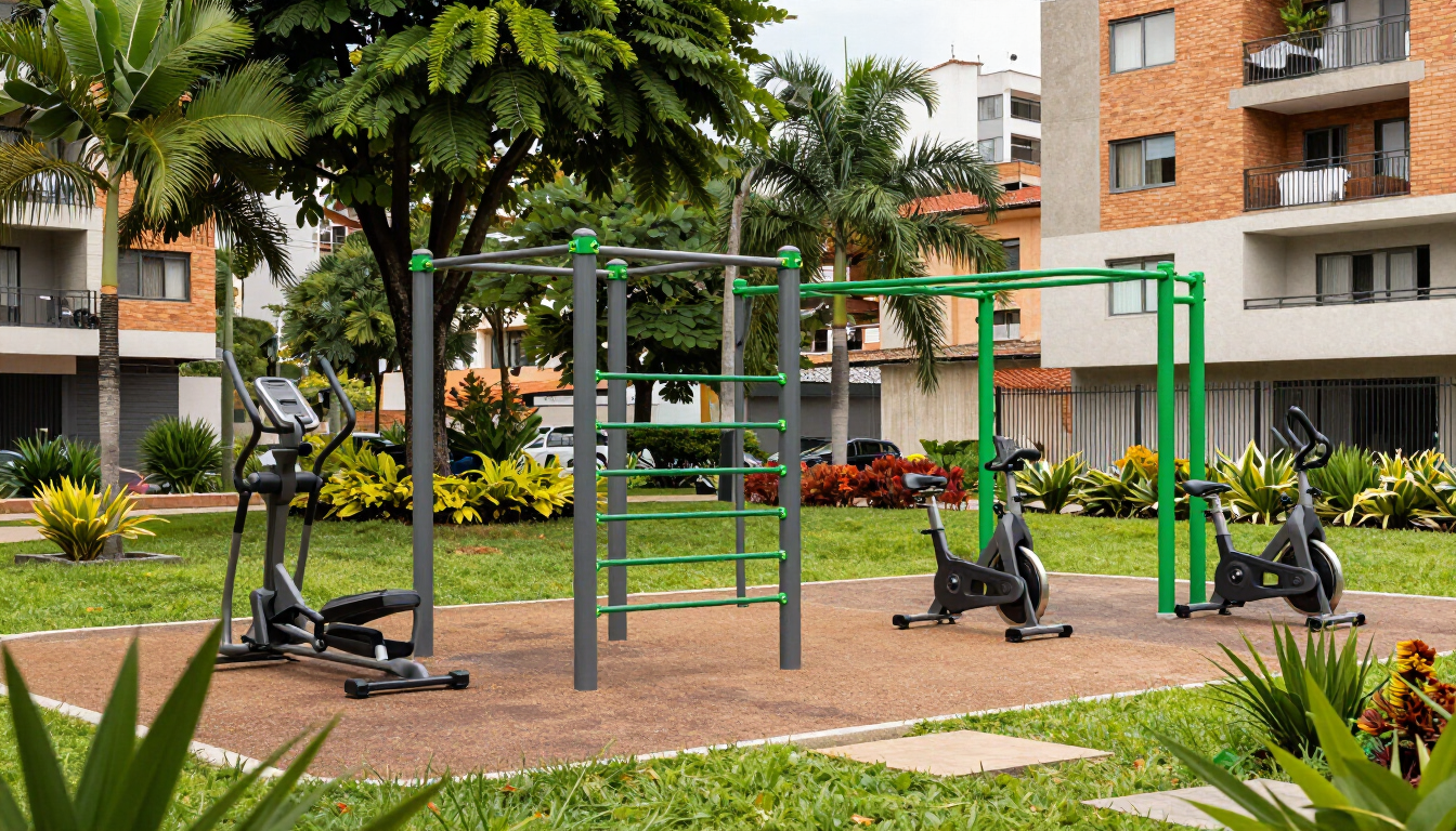 Gimnasio al aire libre con barras y equipos de ejercicio verdes en un patio ajardinado de un complejo de apartamentos.