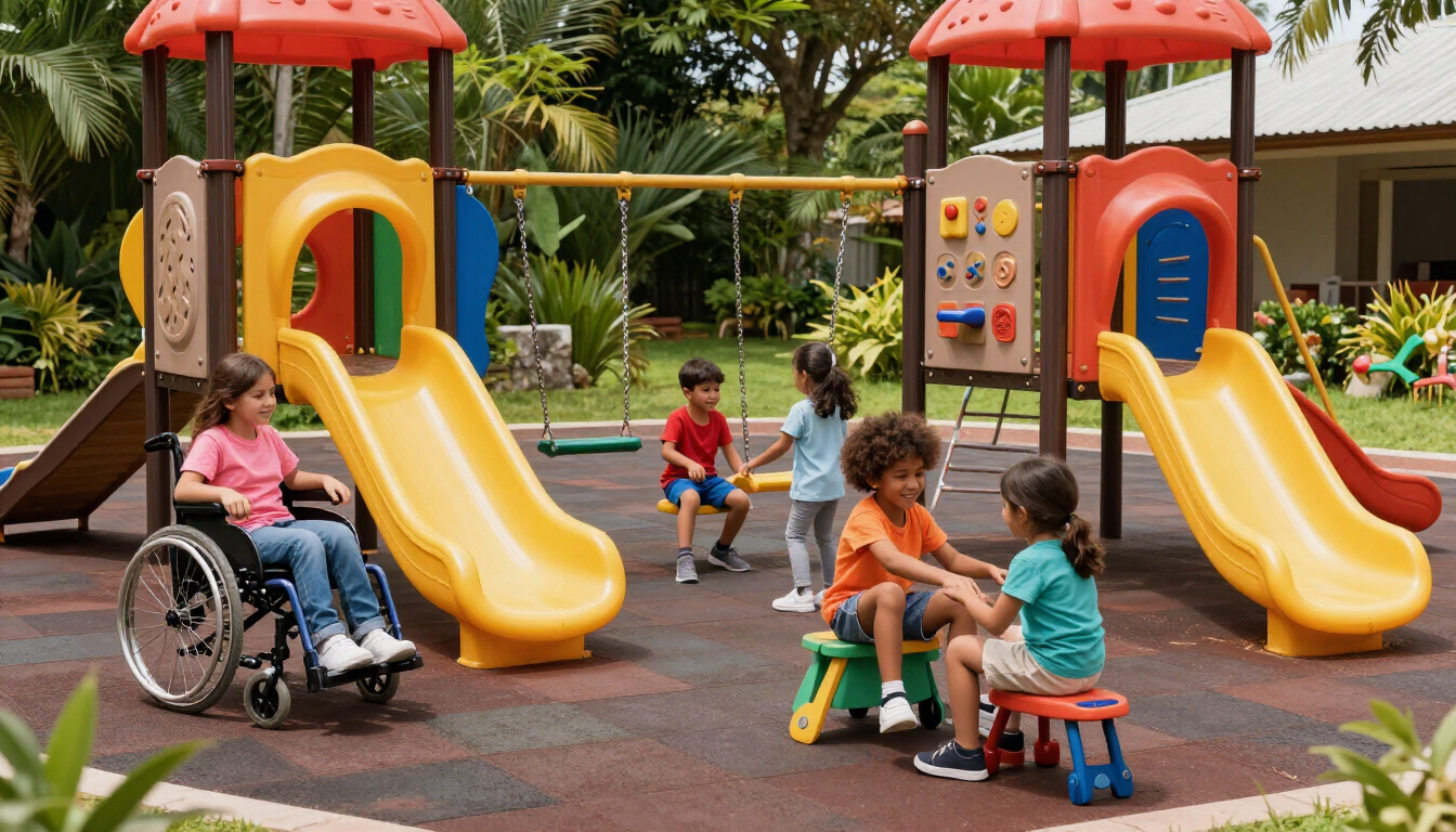 Niños jugando en un parque infantil con toboganes, entre ellos un niño en silla de ruedas.