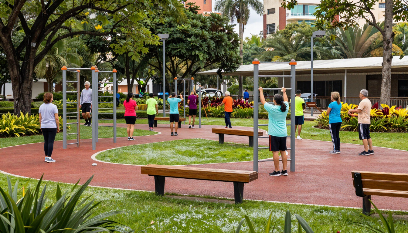 Personas haciendo ejercicio en un parque con bancos, árboles y aparatos de gimnasia al aire libre.