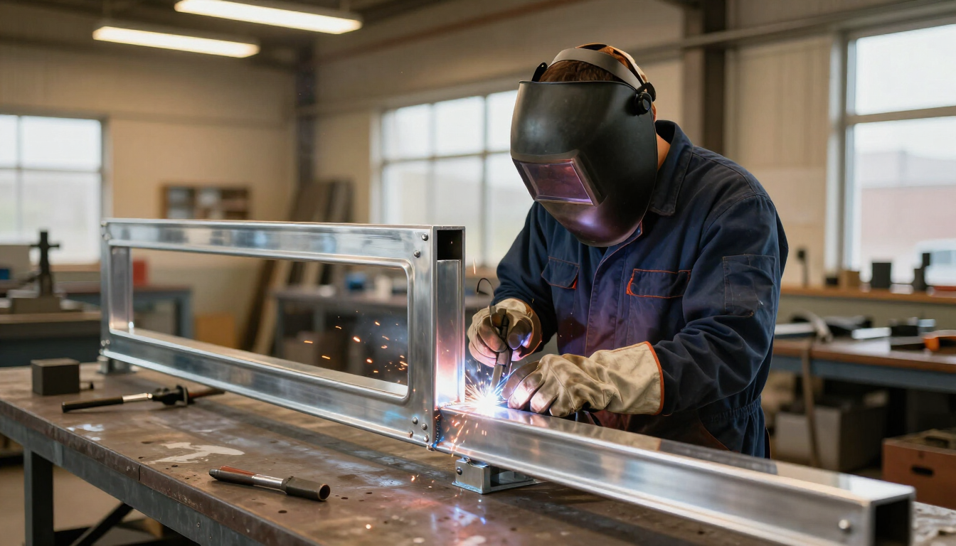 Un trabajador con máscara de soldar soldando una estructura metálica en un taller, con brillantes chispas.