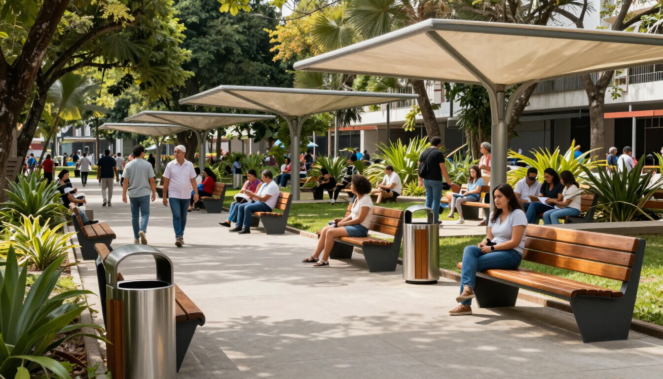 Gente sentada y paseando por un sendero soleado en un parque, con bancos, jardineras y toldos que dan sombra.