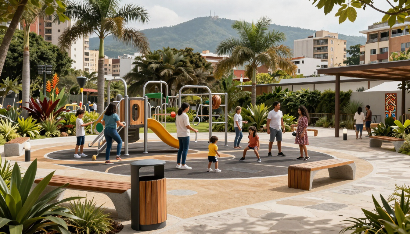 Parque infantil comunitario con zonas para adultos y niños