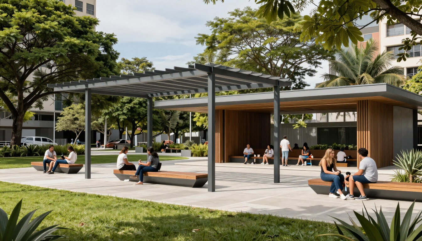 Moderna plaza al aire libre con gente sentada bajo una pérgola junto a un edificio revestido de madera y árboles.