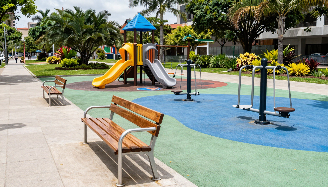 Parque infantil vacío con tobogán amarillo, toldo azul, bancos y aparatos de ejercicio al aire libre.