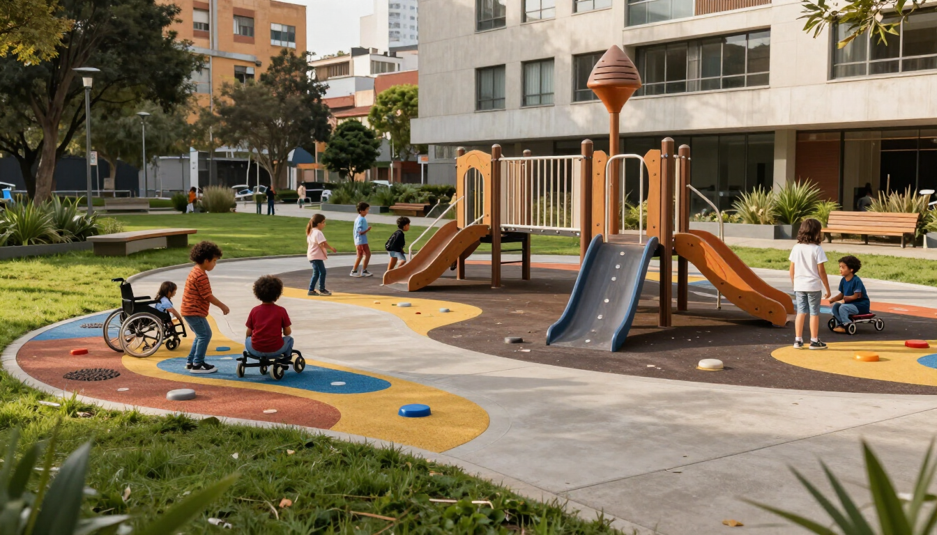Niños disfrutando un parque infantil inclusivo y accesible
