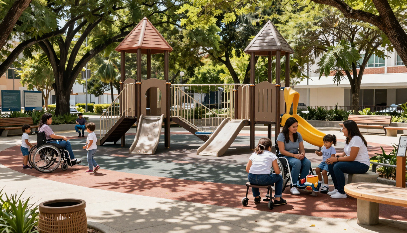 Familias y cuidadores compartiendo en un parque infantil inclusivo al aire libre