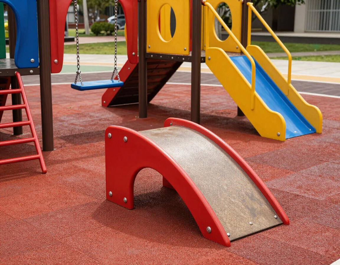Detalle de superficie amortiguante y juegos accesibles en un parque infantil