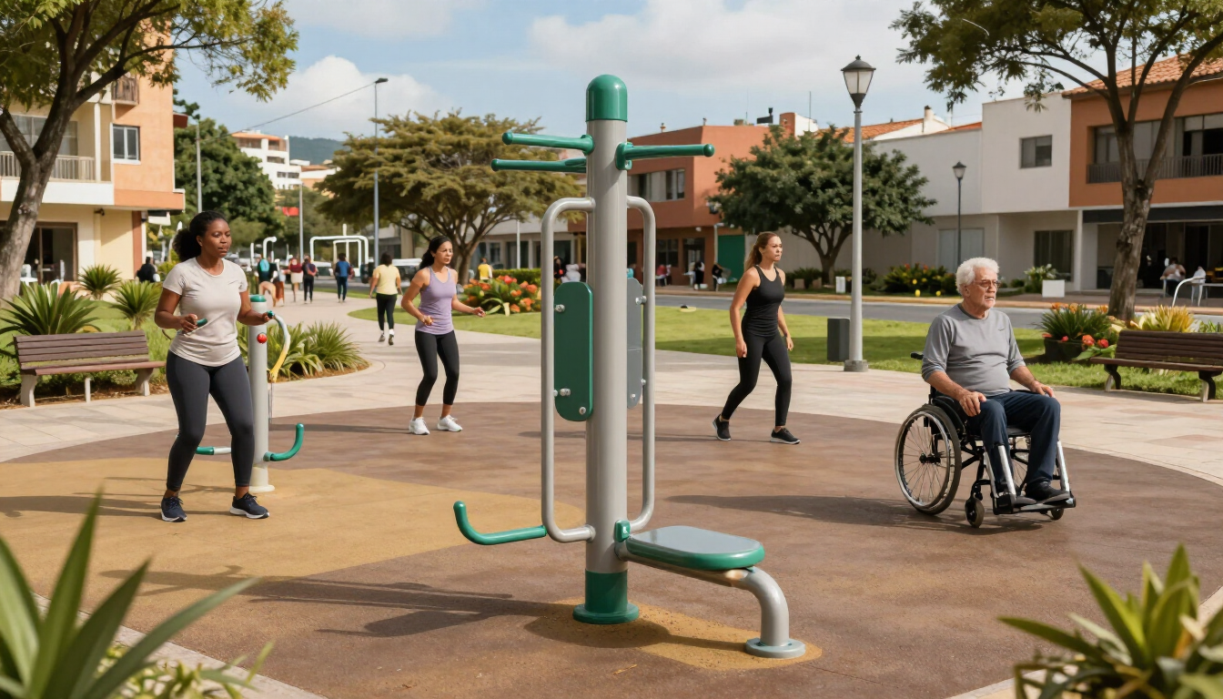 Personas haciendo ejercicio en un parque al aire libre con aparatos de gimnasia
