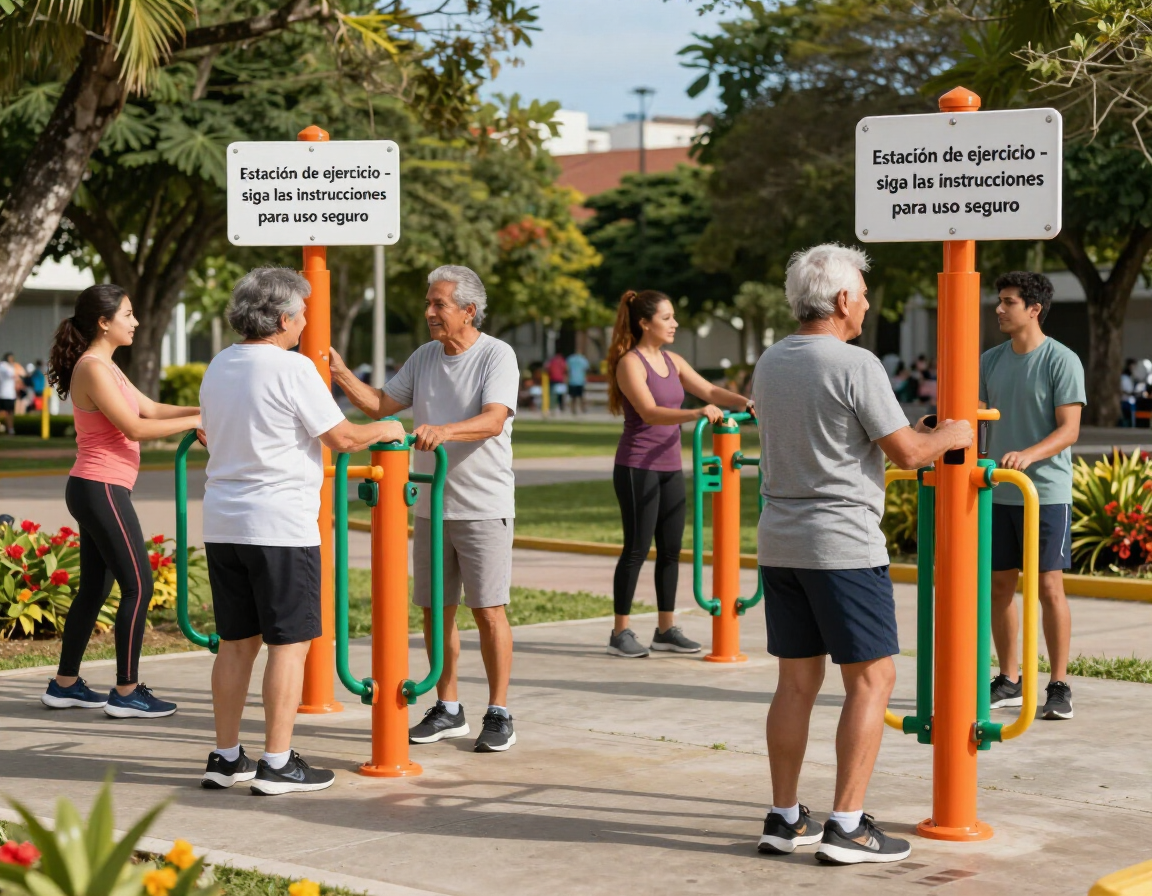 Personas haciendo ejercicio en aparatos de gimnasia al aire libre en un parque con letreros en la parte superior.