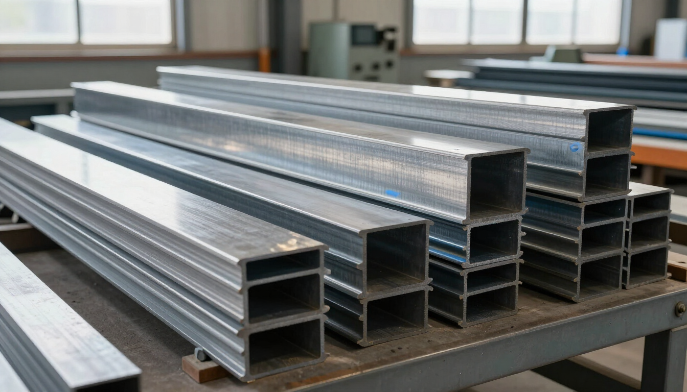 Vigas de metal plateado apiladas sobre un banco de trabajo en un entorno industrial.