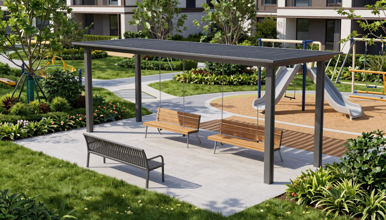 Patio exterior del apartamento con bancos y una pérgola sombreada junto a un tobogán infantil.