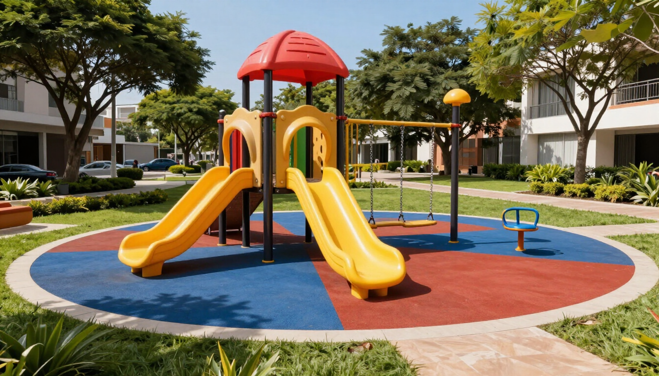 Parque infantil colorido con tobogán de techo rojo ubicado en una zona de juegos circular de goma en un parque ajardinado.