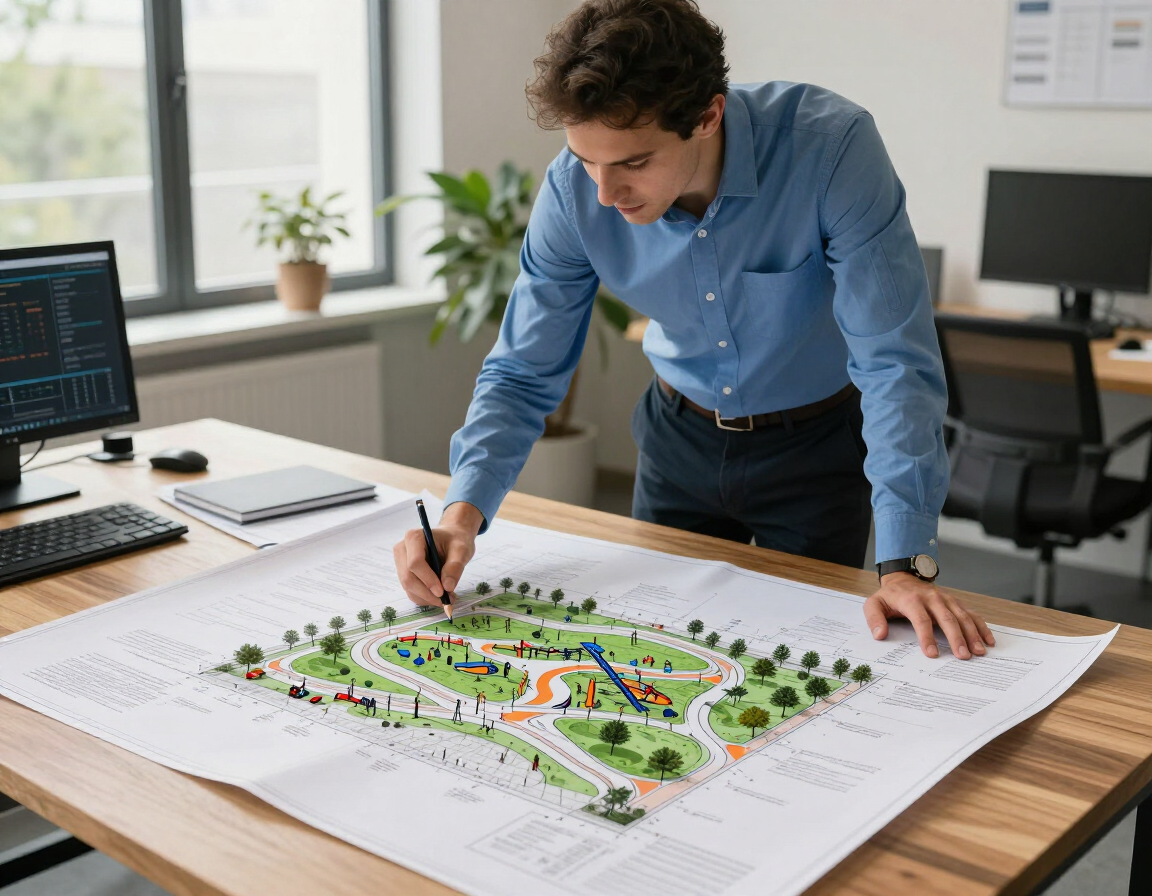 Diseñador revisando un plano paisajístico colorido sobre un gran escritorio en una oficina moderna.