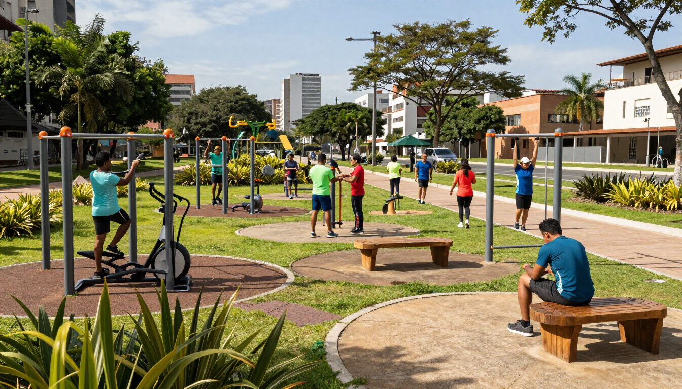 Gente haciendo ejercicio en aparatos de gimnasia al aire libre en un parque soleado con bancos y senderos.