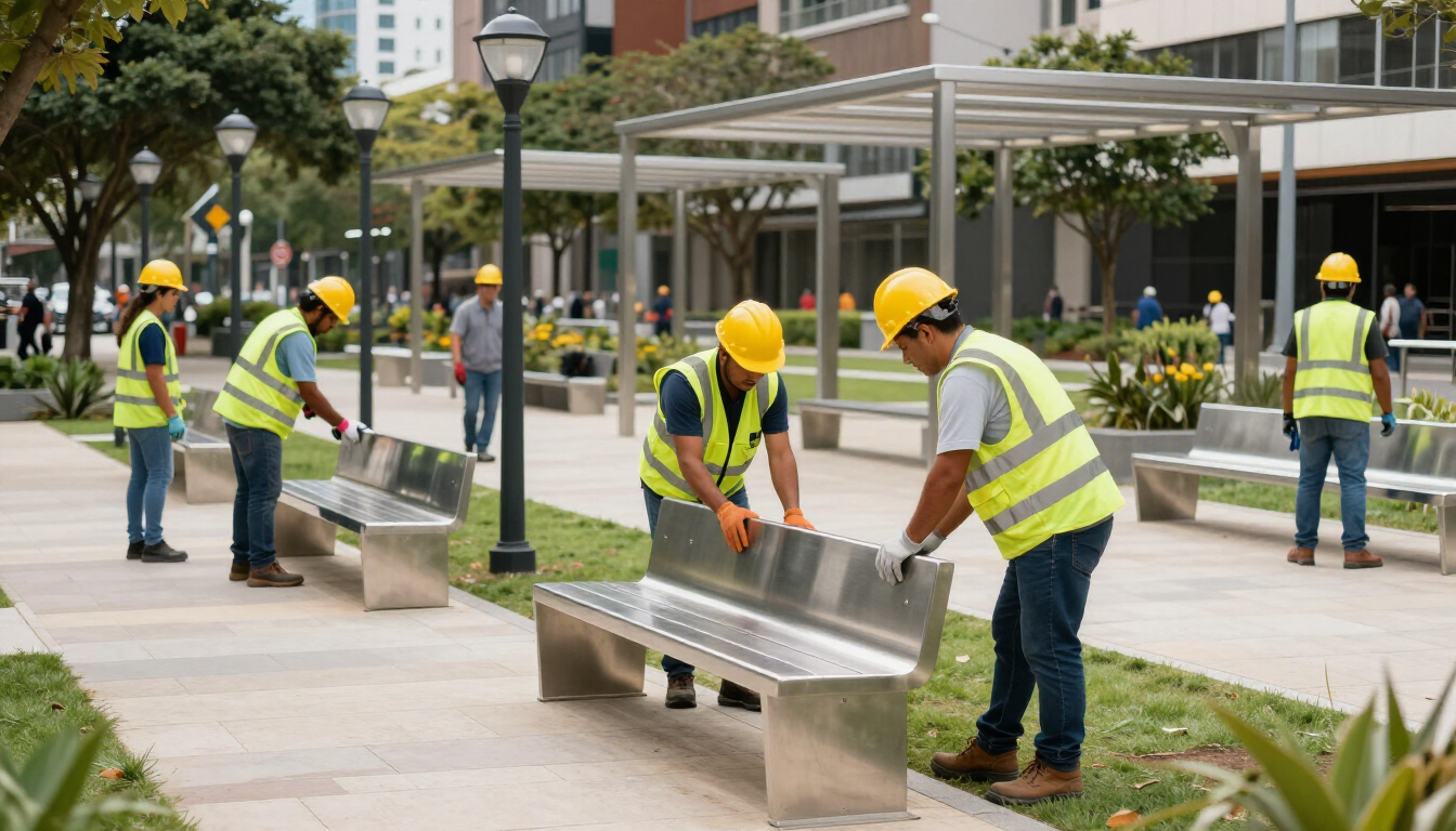 Instalación de estructura metálica y mobiliario en un espacio comunitario