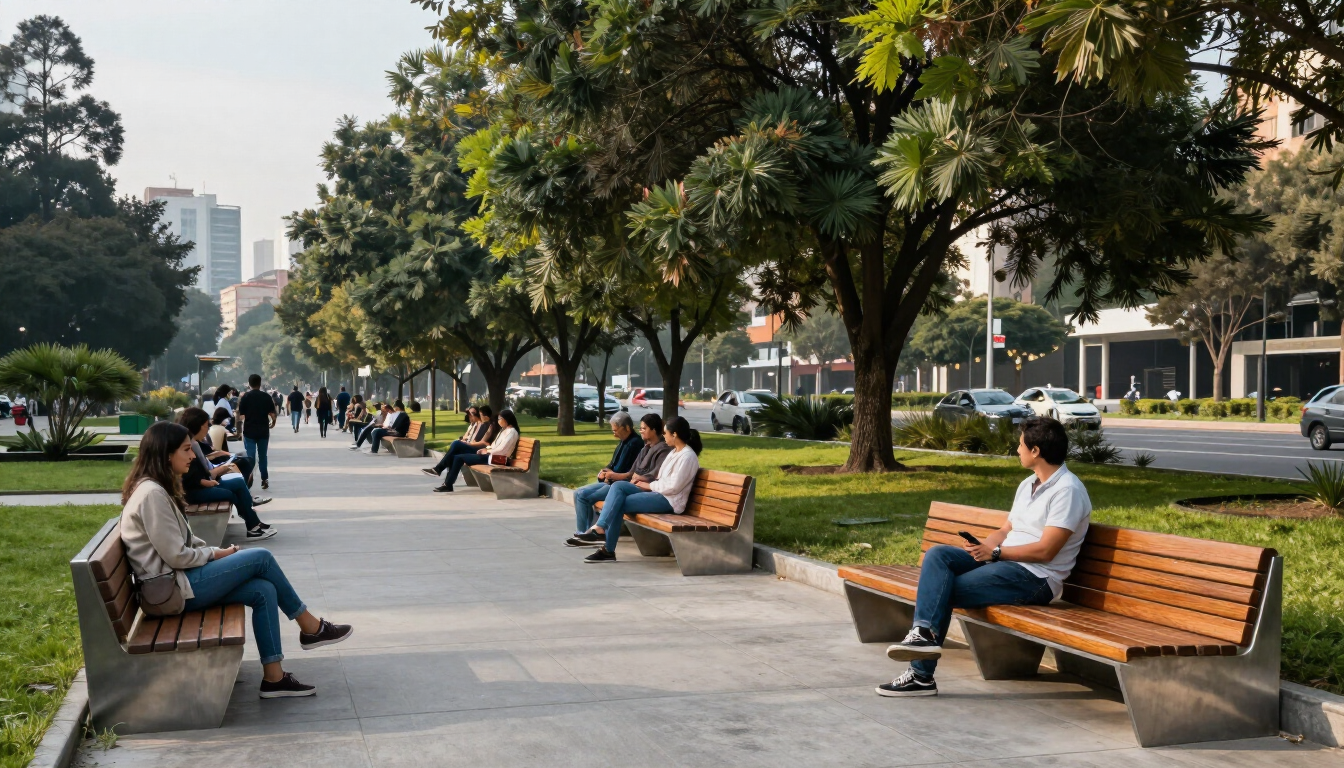 Bancas y elementos de descanso en un parque público