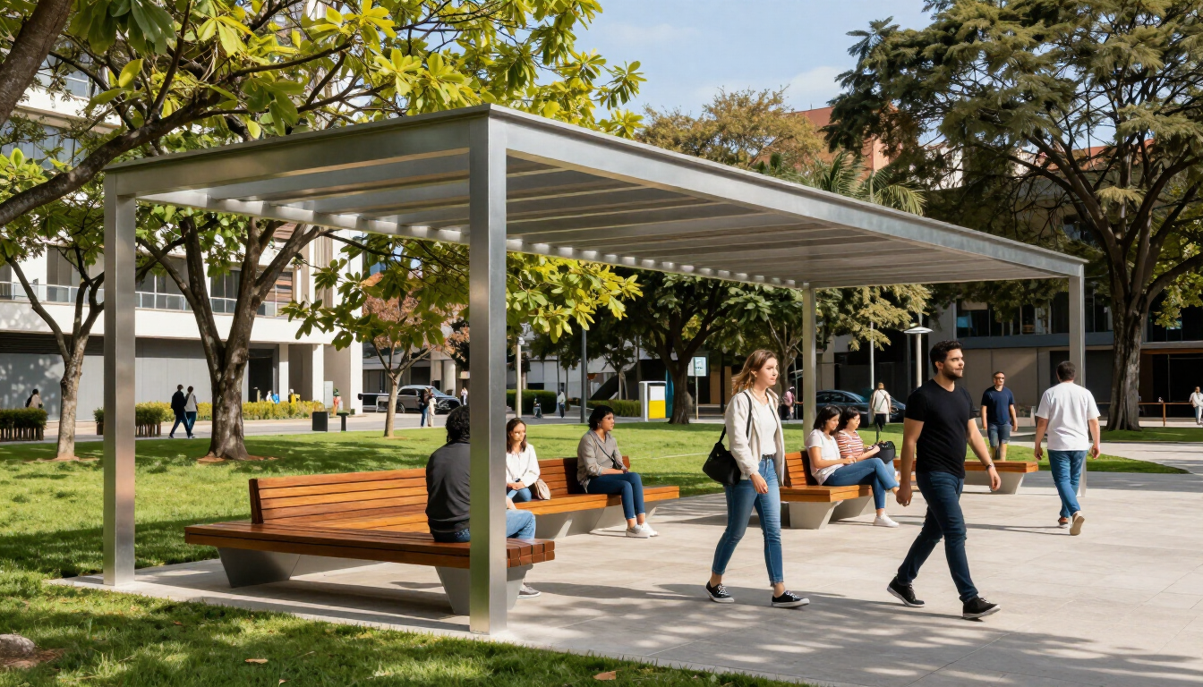 Pérgola metálica moderna en un espacio público urbano