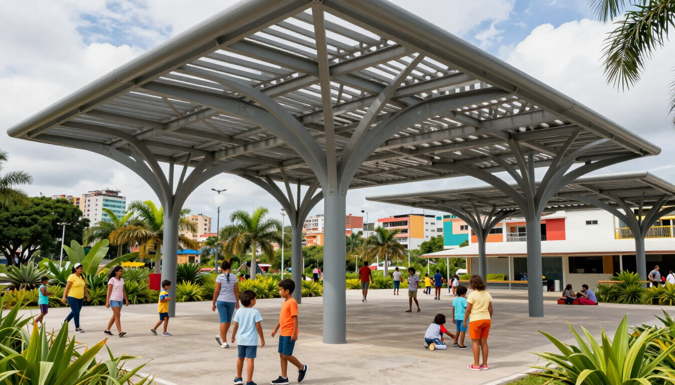 Cubierta metálica sobre una zona recreativa comunitaria