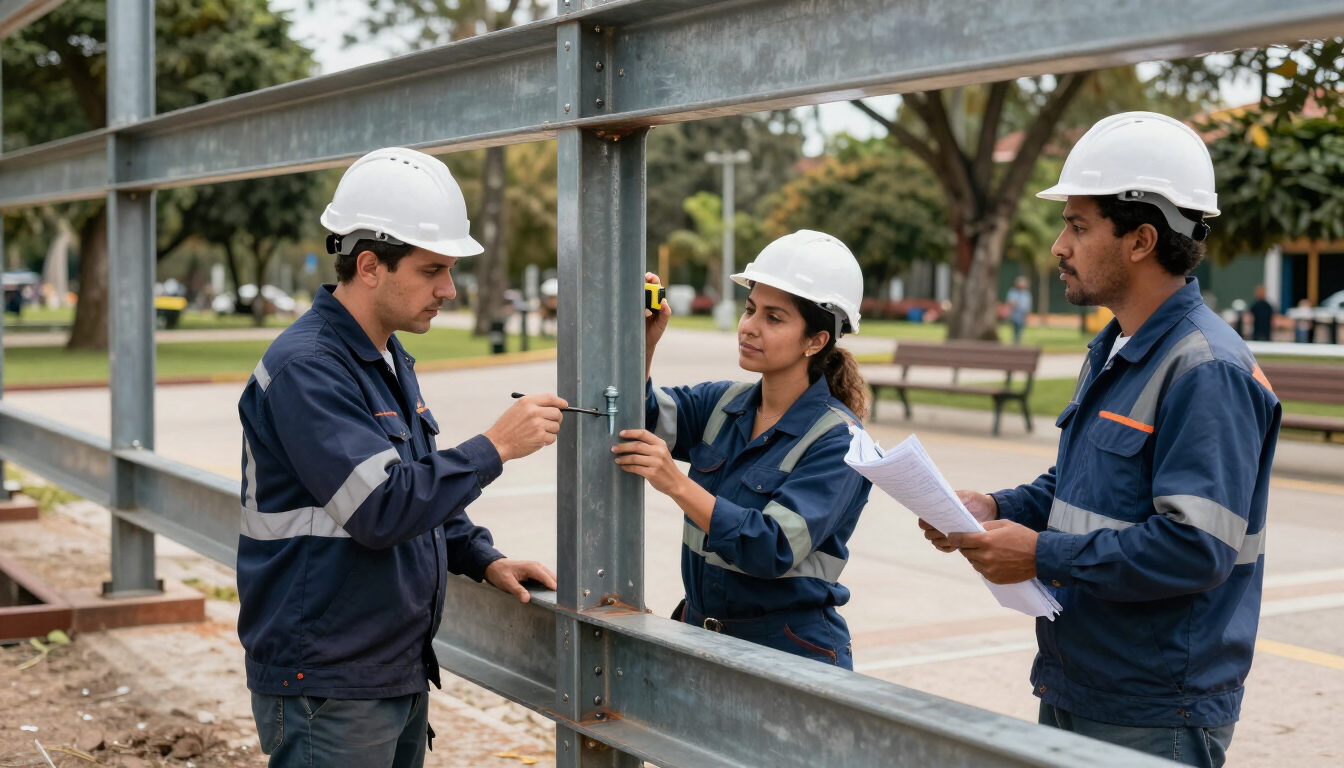 Tres obreros de la construcción, con cascos de seguridad