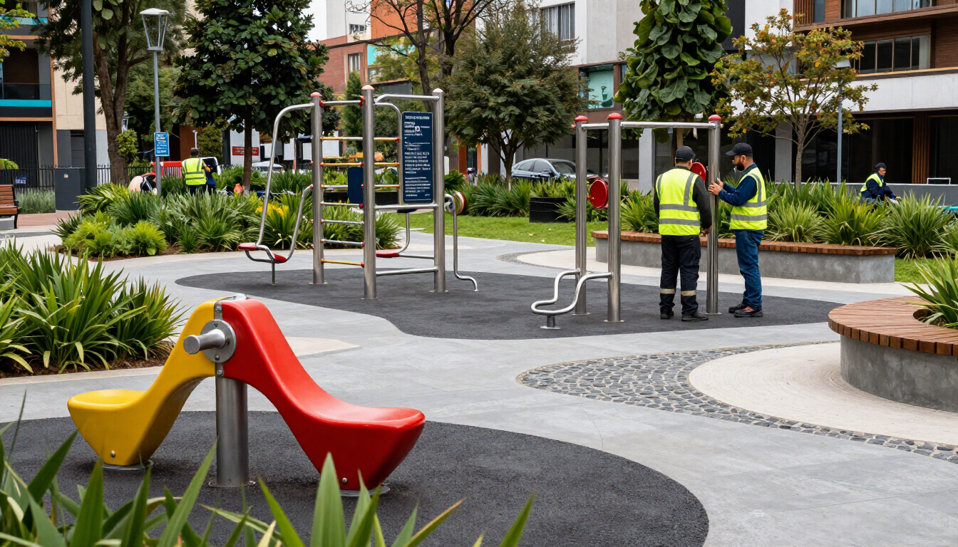 Parque infantil moderno con balancín rojo y amarillo