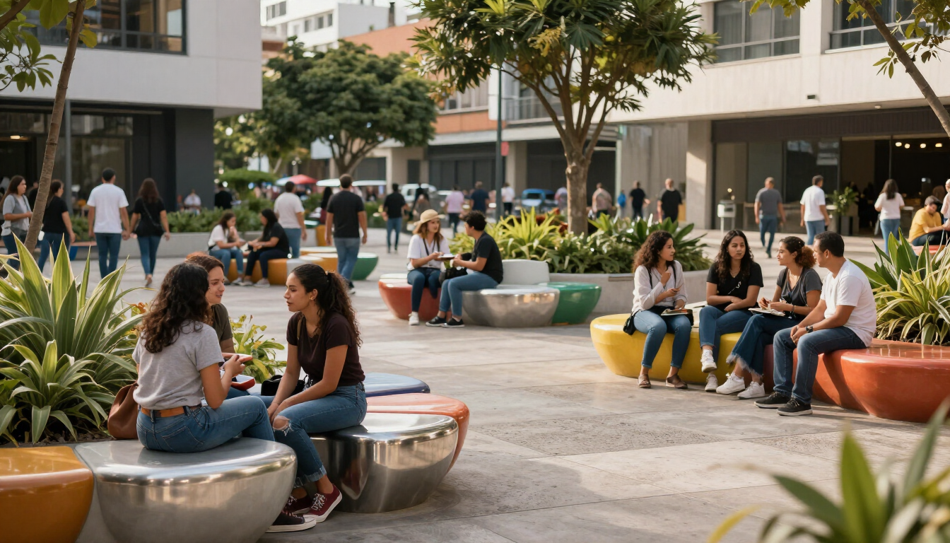 Gente sentada charlando en bancos coloridos en un patio al aire libre con plantas y edificios de apartamentos.