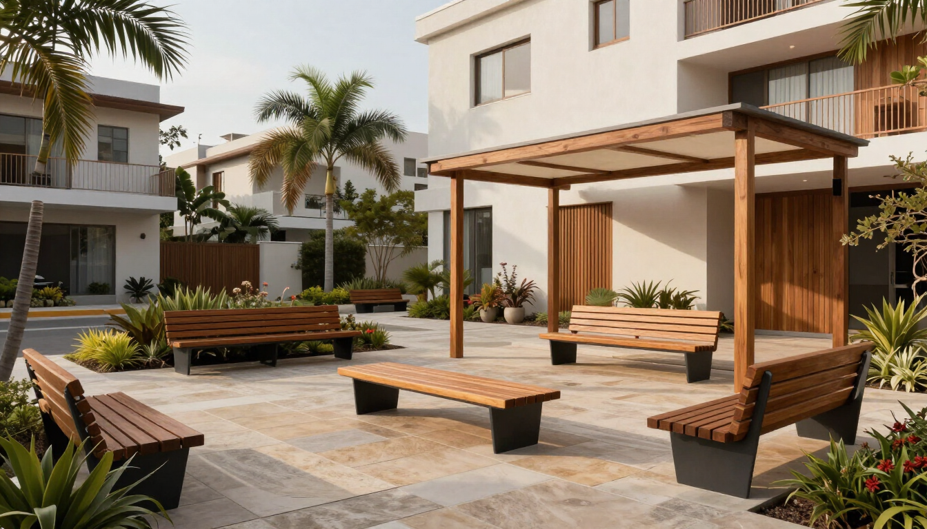 Patio de apartamento moderno con bancos de madera, pérgola y palmeras.