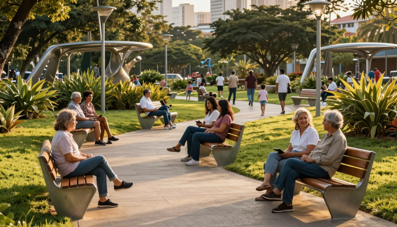 Gente sentada en bancos y sillas de jardín en un parque soleado con vegetación y edificios de la ciudad.