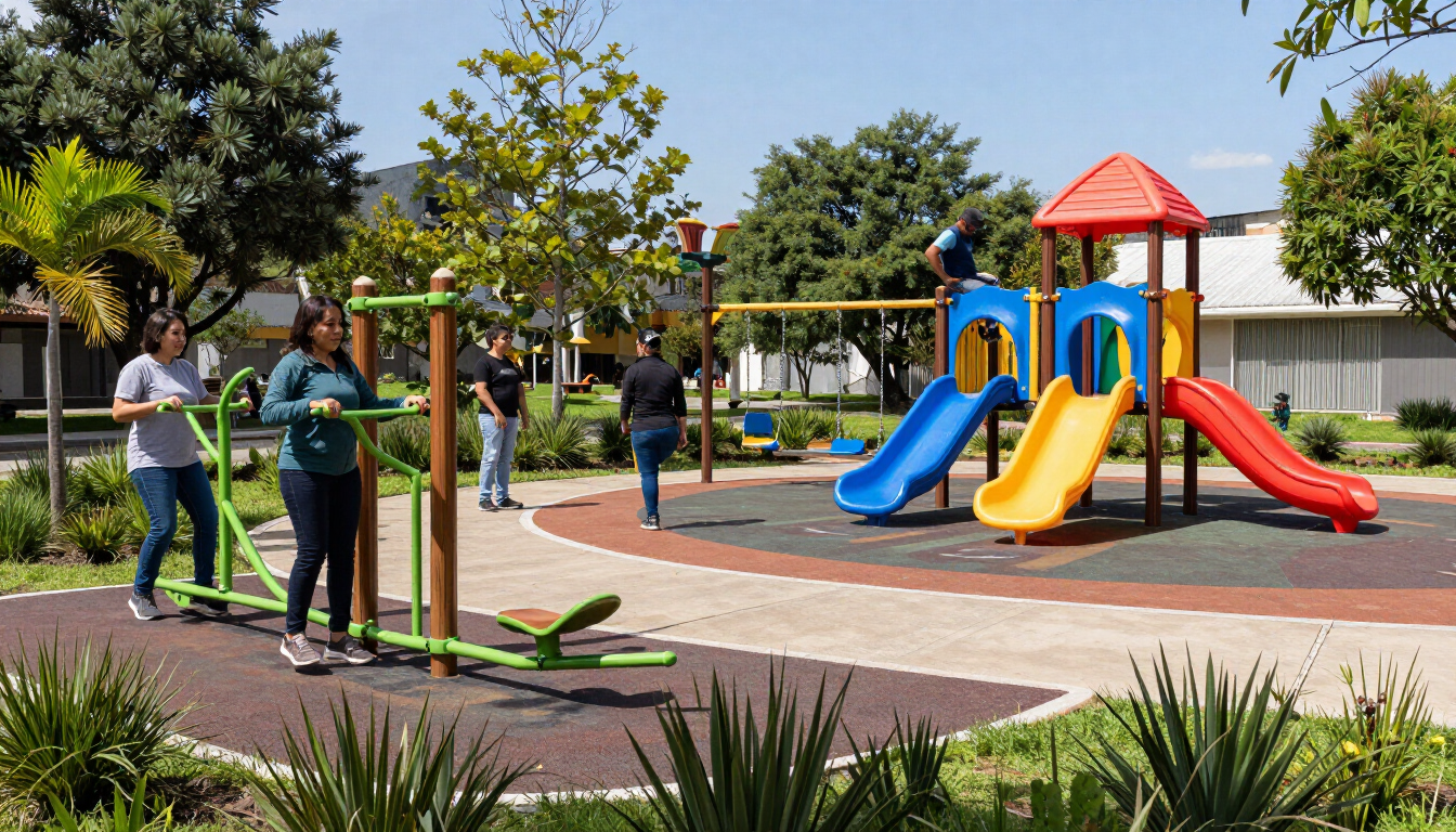 Gente en un parque infantil al aire libre con coloridos toboganes y estructuras para trepar en un día soleado.