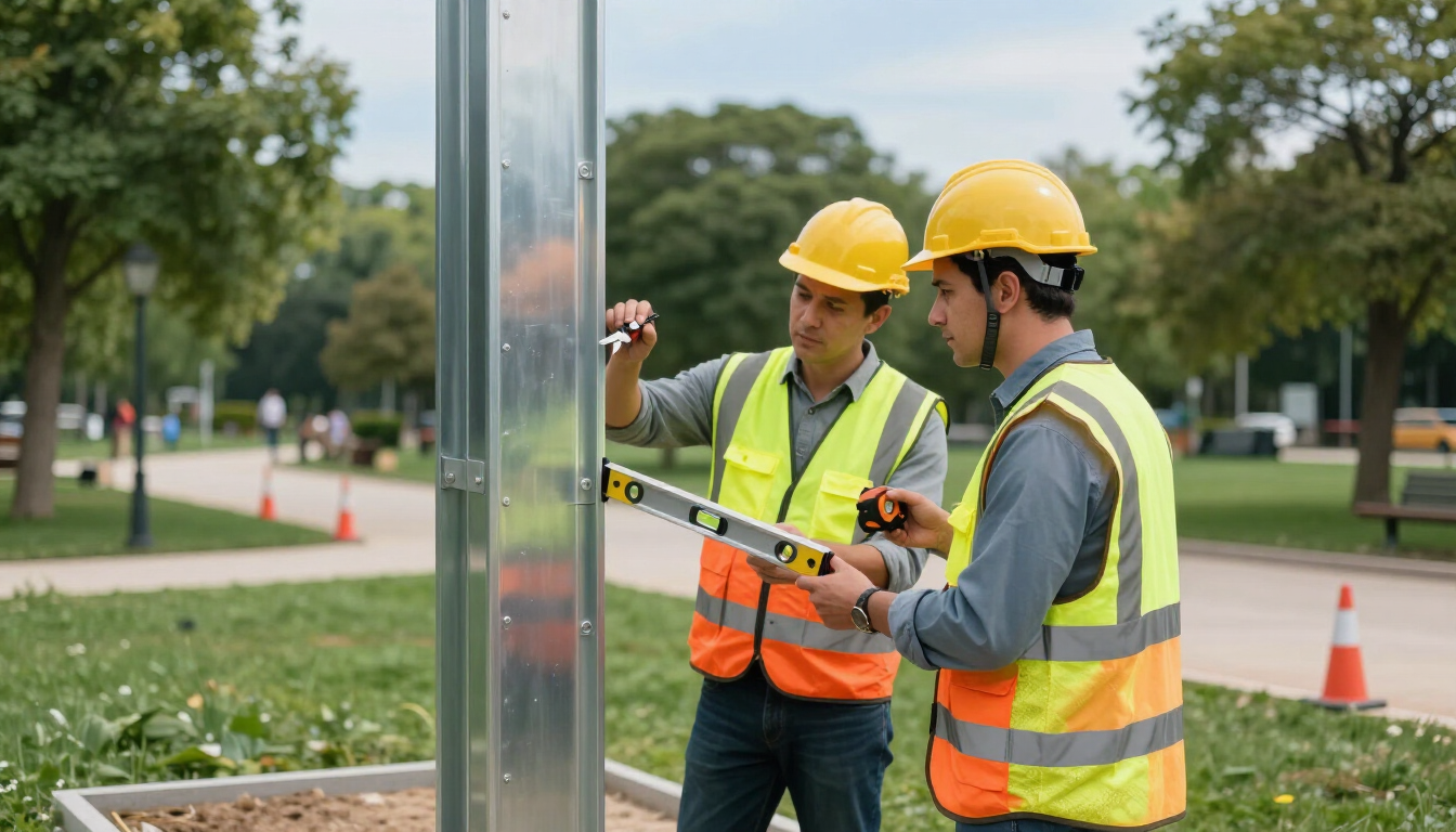 Equipo técnico verificando una estructura metálica en un parque público