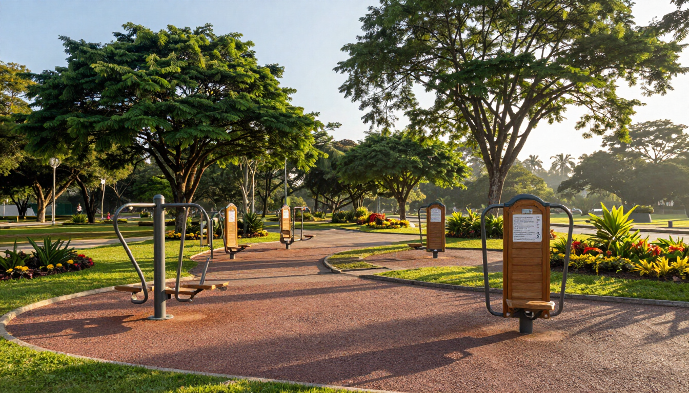 Parque al aire libre con un sendero serpenteante de grava, árboles, bancos y carteles informativos bajo un cálido sol.