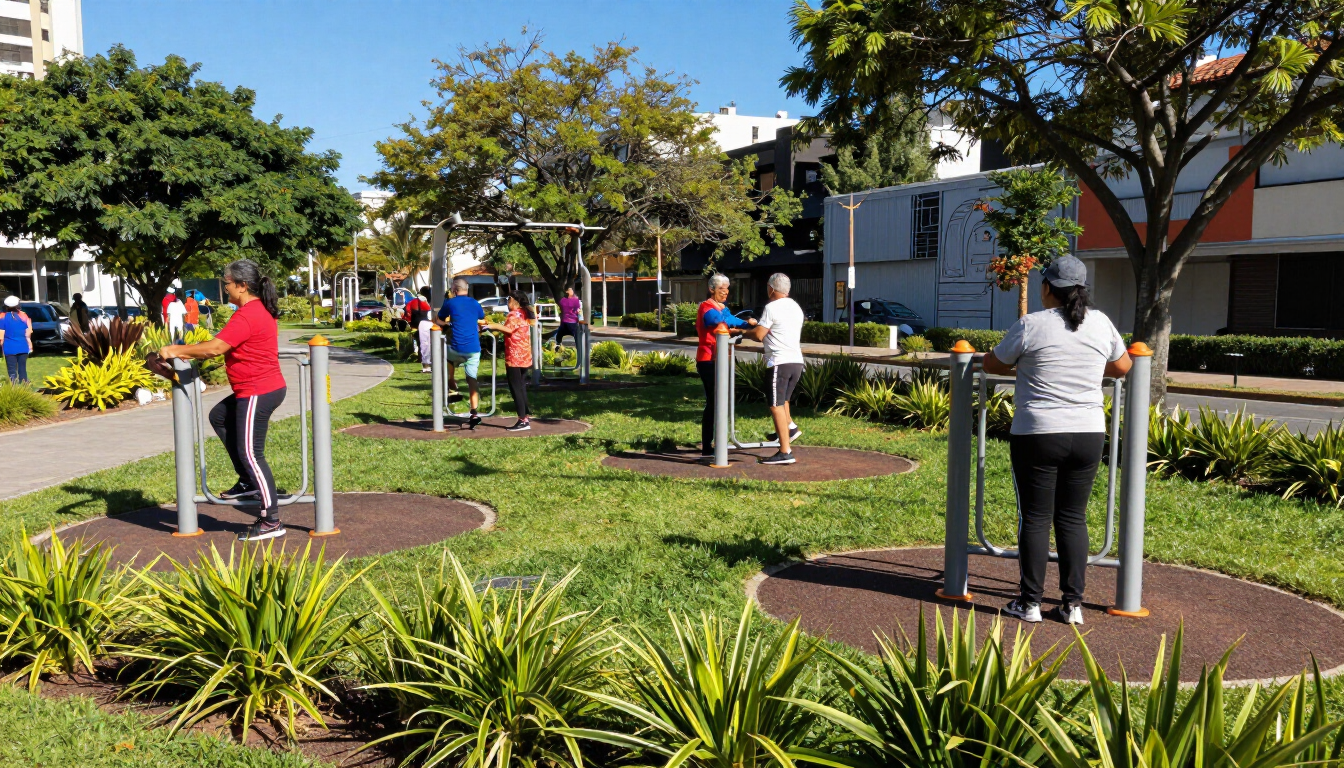 Gente haciendo ejercicio en aparatos de gimnasia al aire libre en un parque soleado, rodeado de árboles y césped.