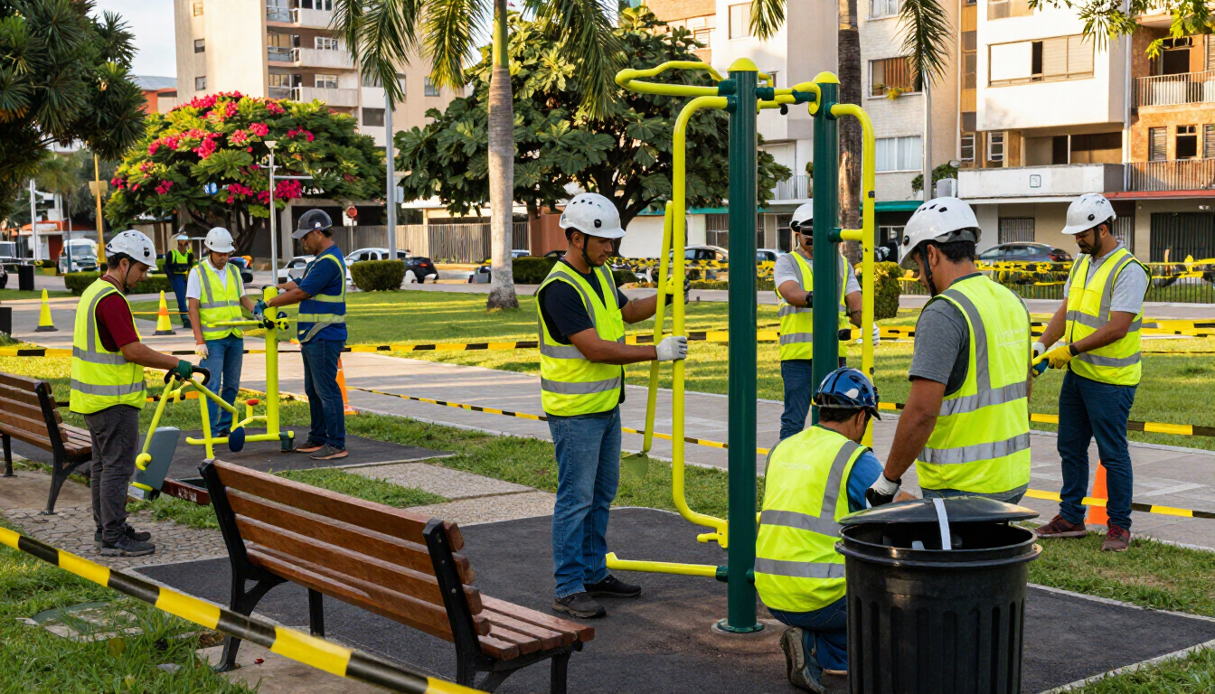 Trabajadores con chalecos amarillos y cascos reparan una zona de un parque con cinta de precaución y bancos.
