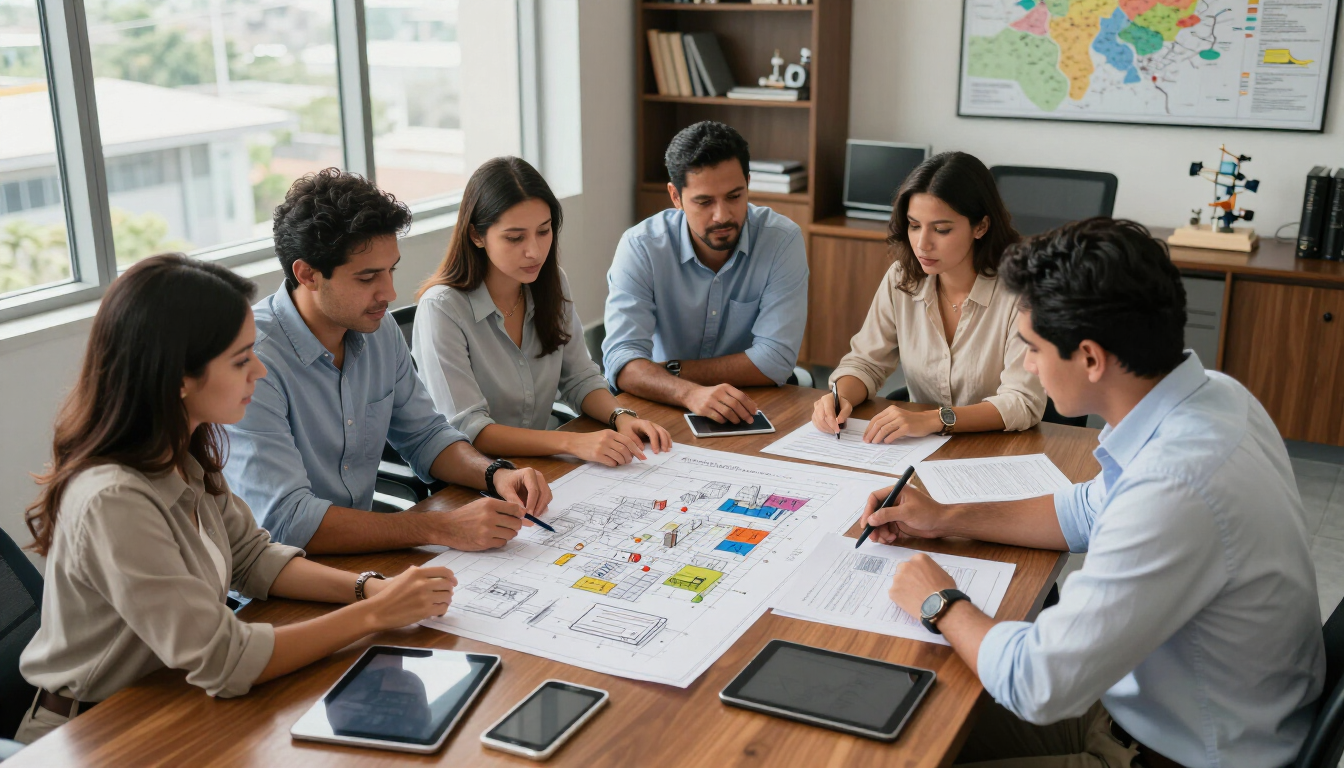 Reunión de equipo alrededor de una mesa con gráficos y tabletas en una oficina luminosa.