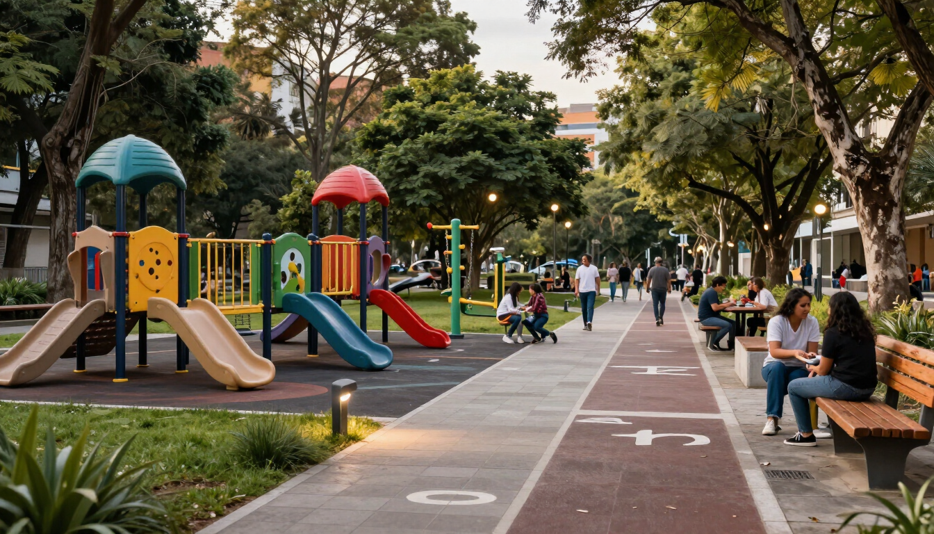 Zona urbana con parque infantil y área biosaludable integrada