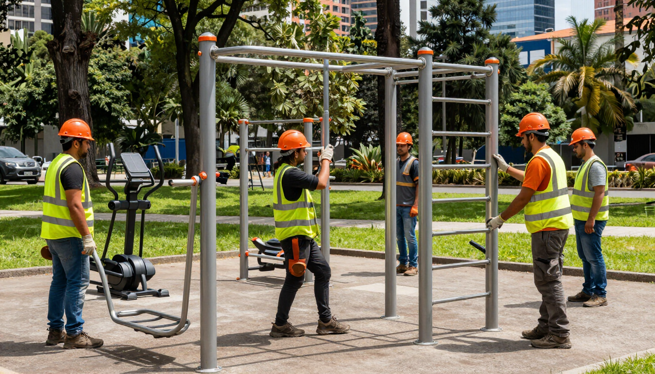 Instalación profesional de equipos biosaludables en un parque