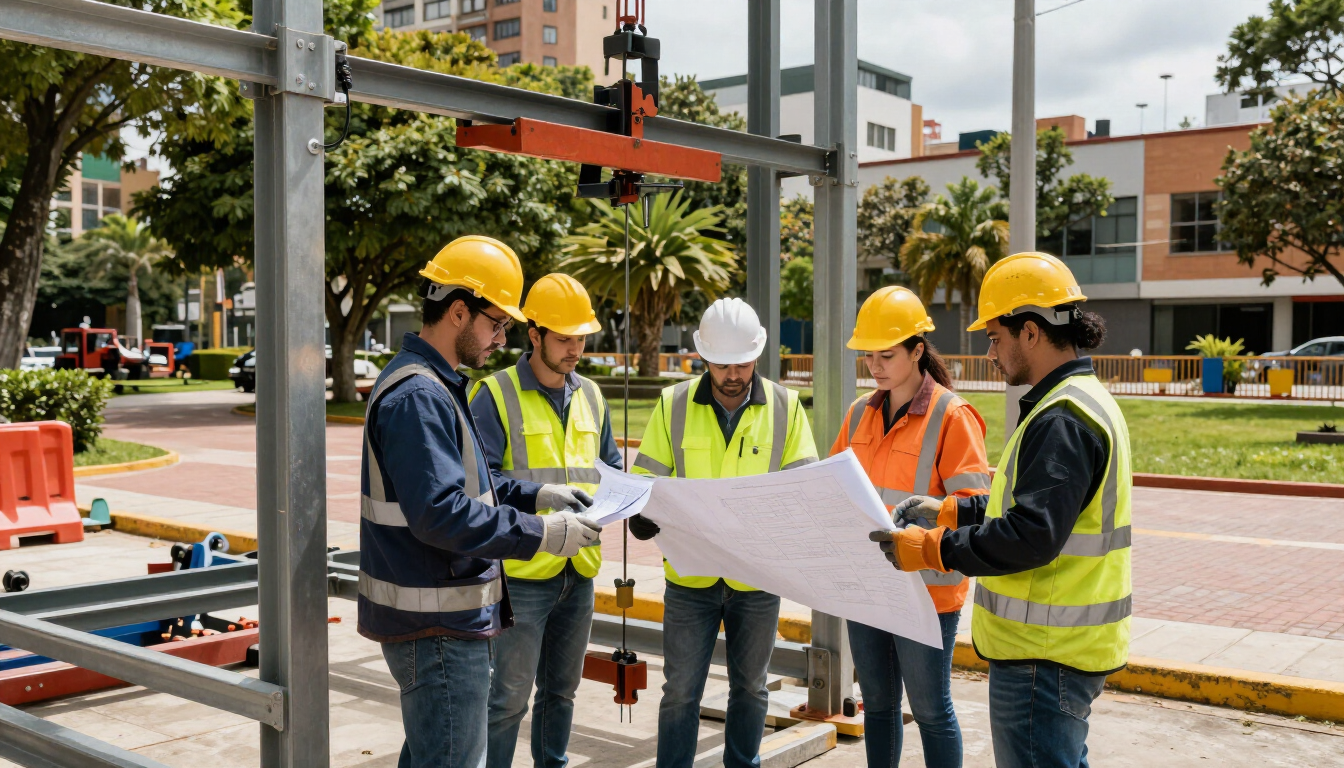 Equipo técnico coordinando el montaje de una estructura metálica en un parque urbano