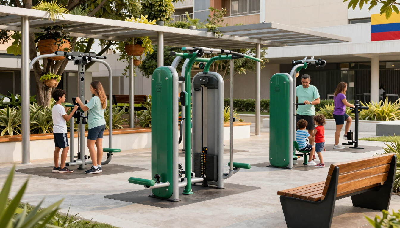 Mobiliario urbano y equipos biosaludables instalados en una zona comunitaria contemporánea