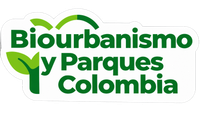 Logo verde y blanco de “Biourbanismo y Parques Colombia” con hoja y árbol estilizados.