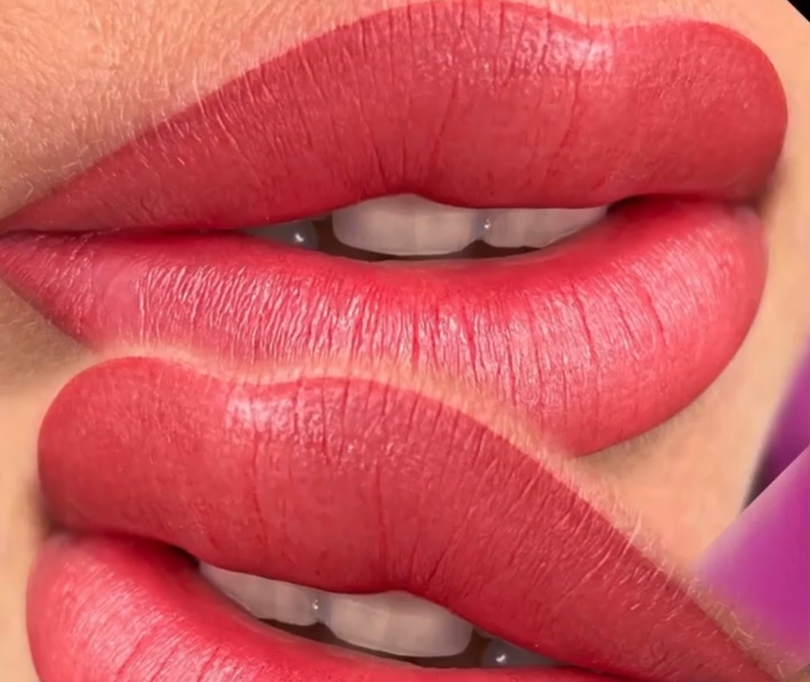 A close up of a woman 's lips with red lipstick and white teeth.