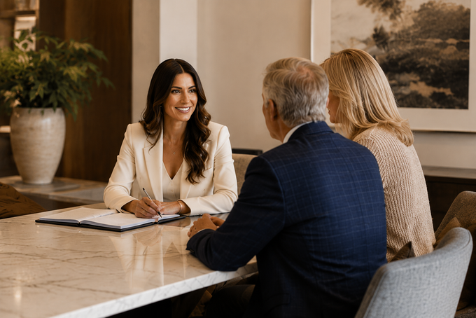 Three people talking at a table in a bright office, with a smiling woman facing a couple.