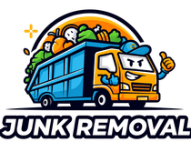 Cartoon junk removal truck with overflowing trash and bold “JUNK REMOVAL” text