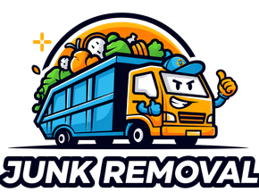 Cartoon junk removal truck with overflowing trash and bold “JUNK REMOVAL” text