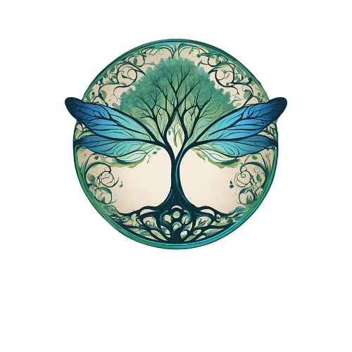 Pilates and Intuitive Energy Healing. dragonfly is sitting on top of a tree in a circle.