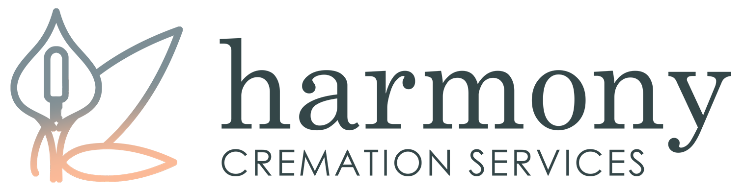 Harmony Cremation Services logo with a gray flower and orange leaf icon