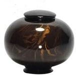 Glossy dark brown decorative vase with rounded body and black lid and base